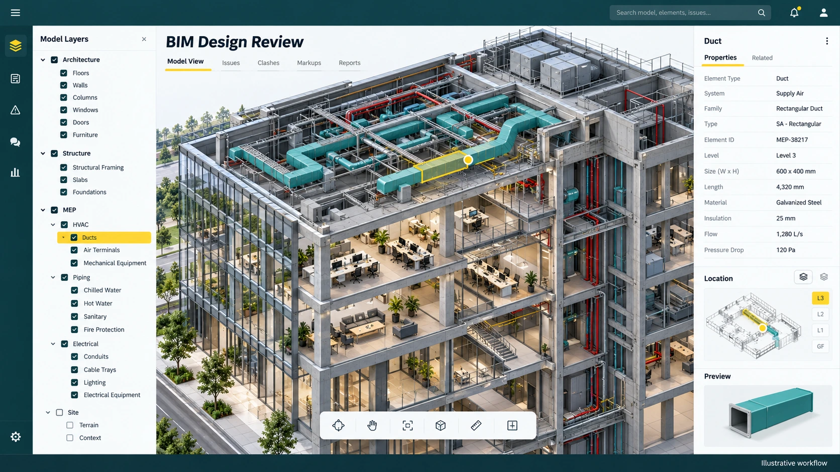 Illustrative BIM & Model Intelligence workspace with fictional project information. Not a live product screenshot.