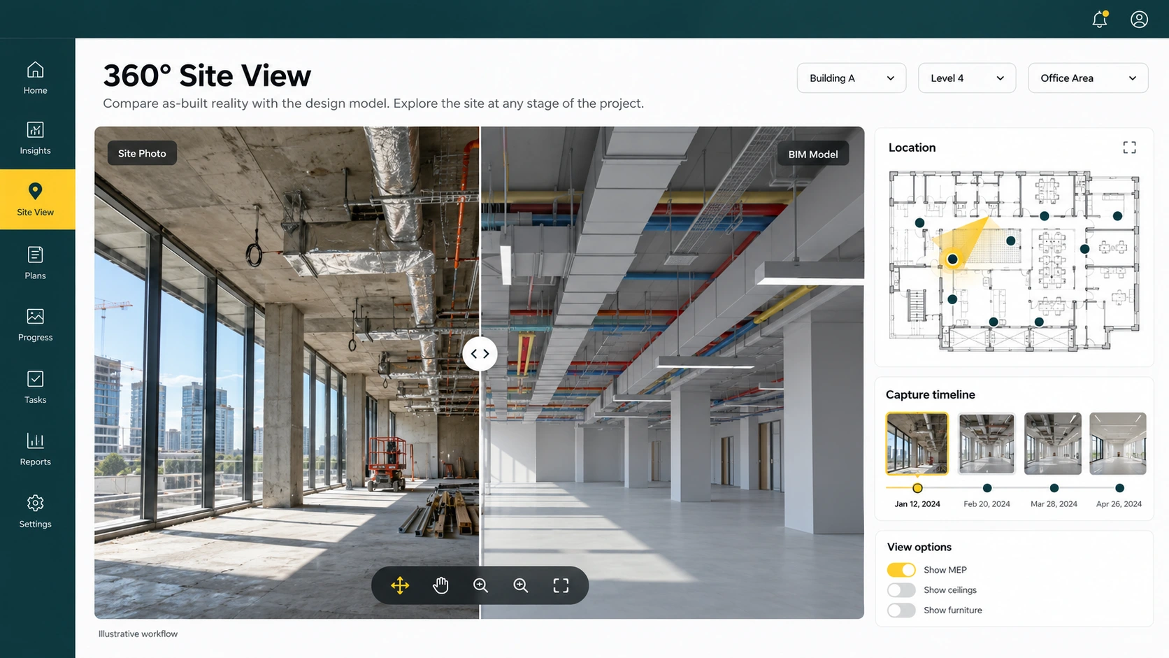Illustrative 360° Reality Capture workspace with fictional project information. Not a live product screenshot.
