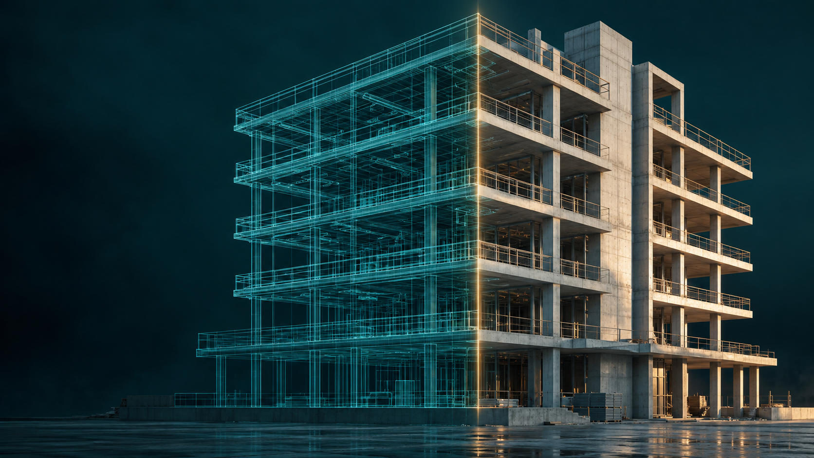 Concept illustration of a building transitioning between a digital BIM model and construction