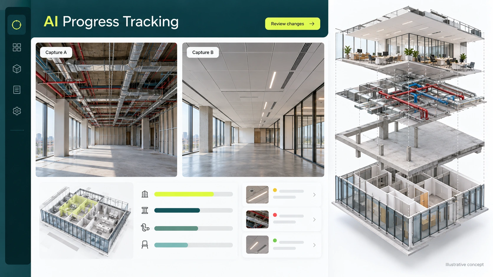 Fictional AI Progress Tracking screen: two construction captures, changes flagged for engineer review, progress charts and an exploded illustration of building disciplines.